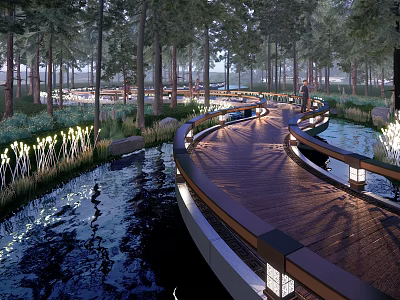 Curved Wooden Footpath With Railings And Lighting Surrounded By Trees And Water 3d model