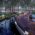 Curved Wooden Footpath With Railings And Lighting Surrounded By Trees And Water