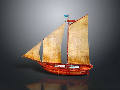 Traditional Red Sailing Boat With Yellow Sails Small Flag And White Accents 3d model