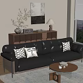Modern Black Leather Sofa Set With Accent Pillows And Coffee Table In Living Room