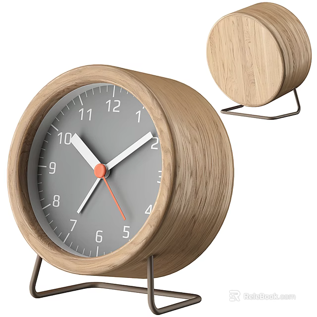 Wooden Alarm Clock With Gray Dial White Hands And Orange Second Hand On Metal Stand 3d model 