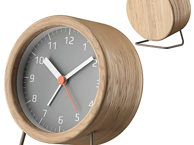 Wooden Alarm Clock With Gray Dial White Hands And Orange Second Hand On Metal Stand 3d model
