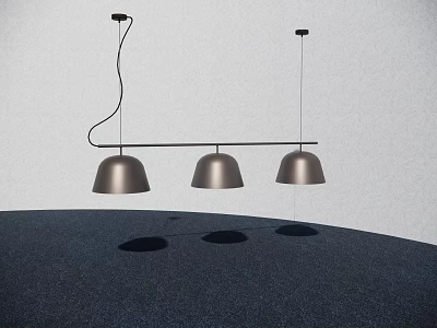 Three Bell Shaped Metallic Pendant Lights Hanging From Horizontal Bar Over Dark Surface 3d model