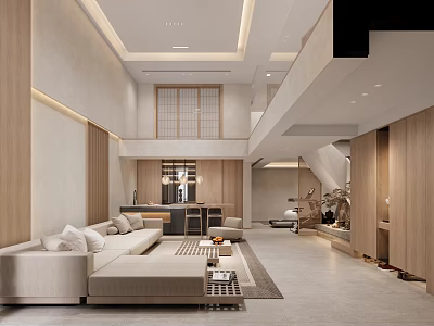 Modern Open Concept Living and Dining Room with Wooden Elements and Beige Sofa 3d model