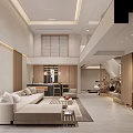 Modern Open Concept Living and Dining Room with Wooden Elements and Beige Sofa