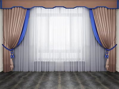 Elegant Brown Curtains With Blue Accents And White Sheer Curtains With Tiebacks 3d model