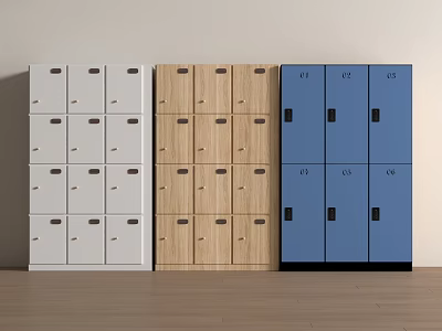 Colorful Storage Lockers in White Wooden and Blue with Multiple Compartments Arranged Side by Side 3d model