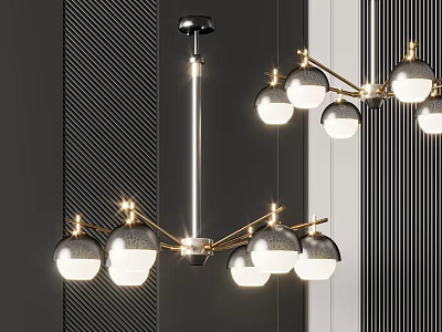 Modern Chandelier With Spherical Lampshades And Brass Metal Frame On Dark Wall 3d model