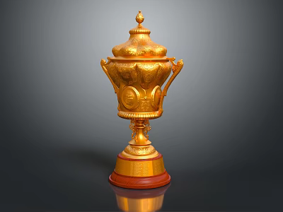 Elegant Golden Trophy With Ornate Carvings Lid Handles And Red Base Design 3d model
