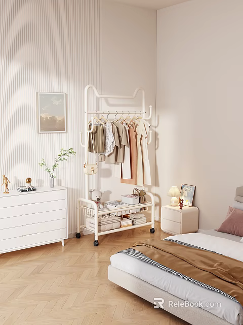 Stylish Hanging Clothes On White Rolling Rack In Cozy Bedroom With Dresser And Plant 3d model 