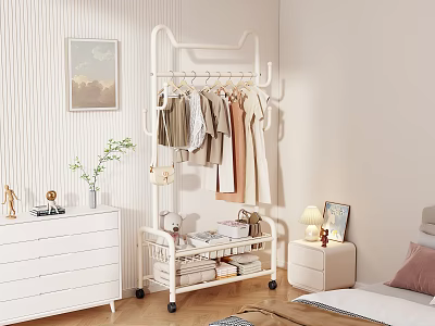 Stylish Hanging Clothes On White Rolling Rack In Cozy Bedroom With Dresser And Plant 3d model