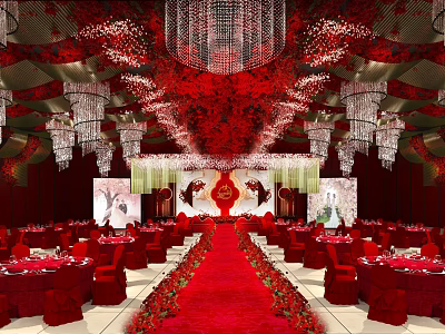 Red Theme Banquet Hall With Chandeliers Red Carpet Flower Decorations And Wedding Setup 3d model