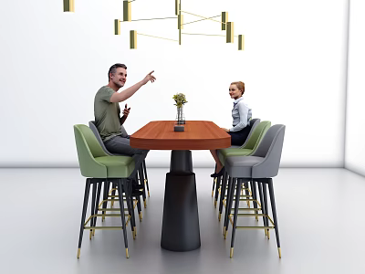 Bar Counter with Wooden Top Black Base High Chairs Golden Chandelier People in White Room 3d model