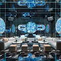 Modern Tech Style KTV Lobby With Blue Lighting Circular Screens Marble Floor Sofa Bar Counter