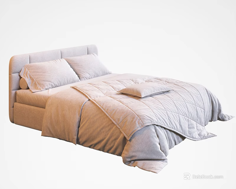 Modern Double Bed With Light Colored Headboard Bed Sheets Quilt And Pillows 3d model 
