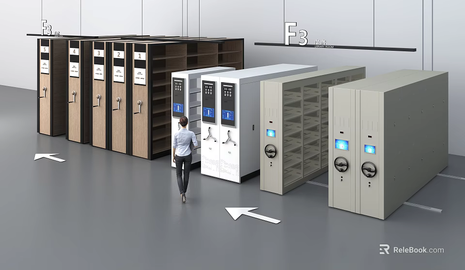 Smart Storage Rack System In Modern Office Space With Woman Operating 3d model 