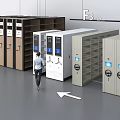 Smart Storage Rack System In Modern Office Space With Woman Operating 3d model