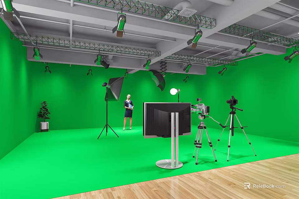 Modern Public Office Space With Green Walls Camera Tripods Lighting And Wooden Floor 3d model 