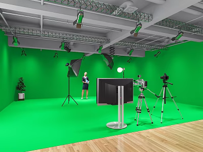 Modern Public Office Space With Green Walls Camera Tripods Lighting And Wooden Floor 3d model