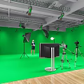 Modern Public Office Space With Green Walls Camera Tripods Lighting And Wooden Floor