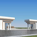 Chinese Style Symmetric Entrance Gate With Stone Tablet Water Pool And Blue Sky