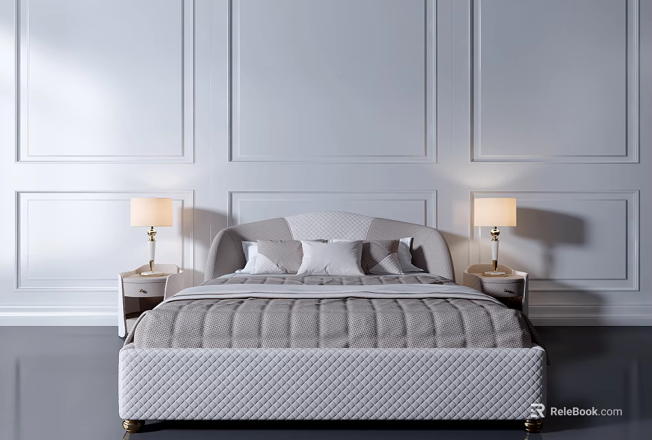 Elegant Modern Double Bed With White Paneled Walls Nightstands Table Lamps And Gray Quilted Bedding 3d model 