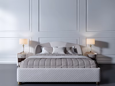 Elegant Modern Double Bed With White Paneled Walls Nightstands Table Lamps And Gray Quilted Bedding 3d model