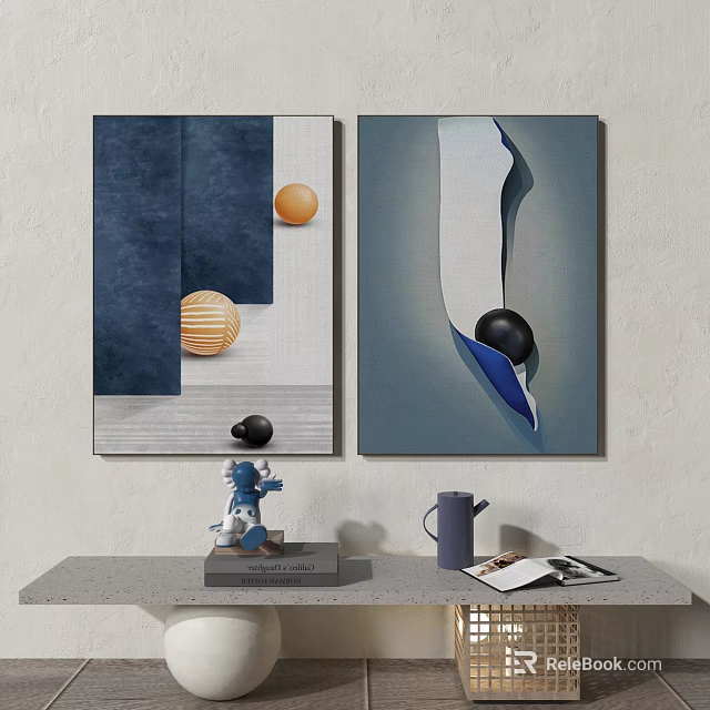 Modern Abstract Paintings With Blue Gray White Geometric Shapes And Metallic Circular Elements 3d model