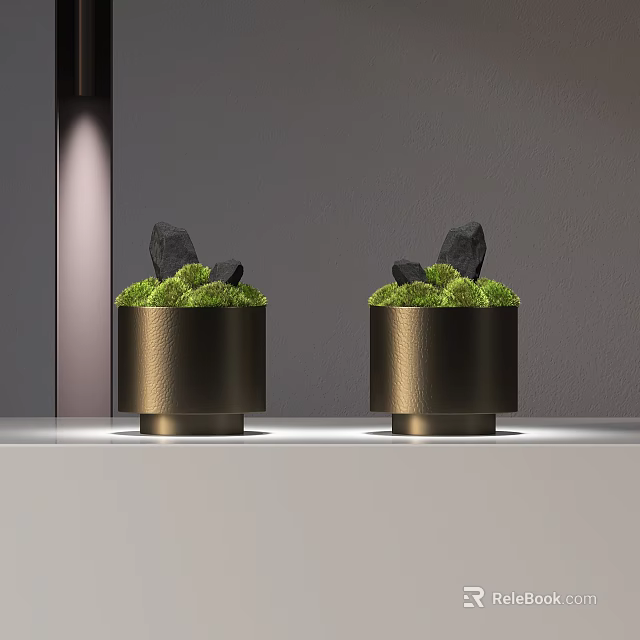 Bonsai Potted Plants in Golden Cylindrical Pots with Green Moss and Black Stones 3d model 