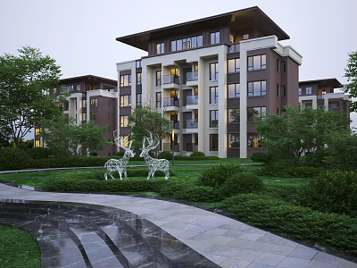 Modern Mid Rise Residential Building Featuring Greenery Lawn Deer Sculptures And Stone Pathway In Evening 3d model
