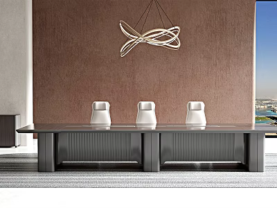 Modern Conference Room With Long Table White Chairs Modern Chandelier Brown Wall And City View 3d model