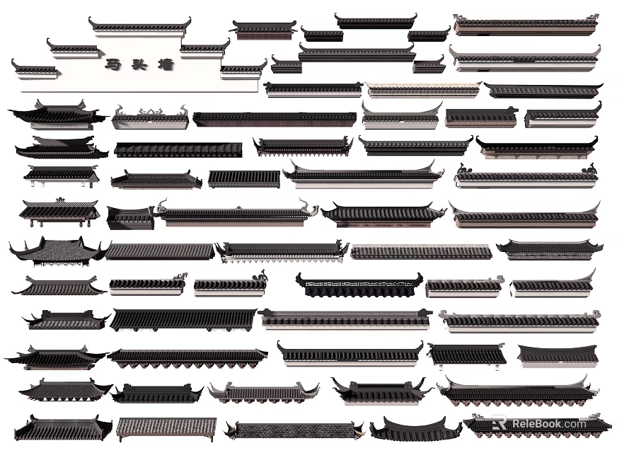 Traditional Chinese Architectural Components Featuring Various Roof Eave And Tile Designs 3d model
