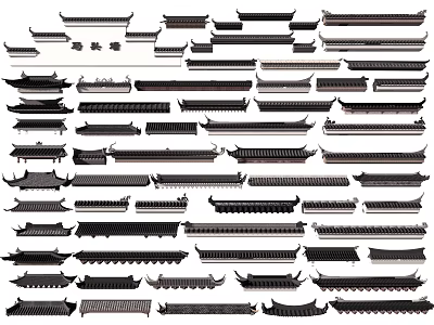 Traditional Chinese Architectural Components Featuring Various Roof Eave And Tile Designs 3d model