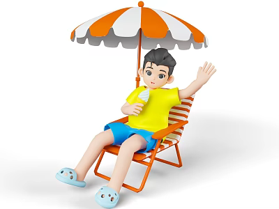 Man Waving Hand Sitting On Orange Folding Chair Holding Yellow Ice Cream Under Striped Umbrella 3d model