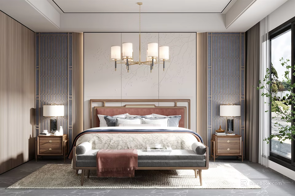 Elegant Modern Bedroom Interior Design With Bed Chandelier Bedside Tables And Area Rug 3d model 