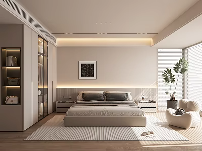 Modern Minimalist Bedroom Interior Design With Glass Door Wardrobe Bedhead And Light Rug 3d model