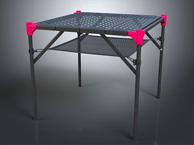 Lightweight Foldable Table Featuring Black Metal Frame Pink Corner Accents Mesh Top And Lower Shelf 3d model