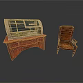 Vintage Wooden Desk And Brown Leather Armchair With Glass Doors Metal Accents And Button Tufting