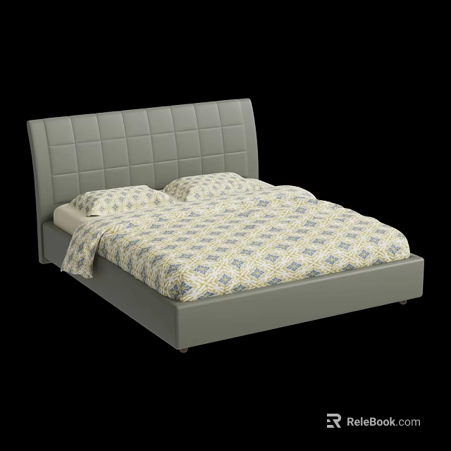 Modern Double Bed With Gray Tufted Headboard Patterned Bedspread And Pillows 3d model 