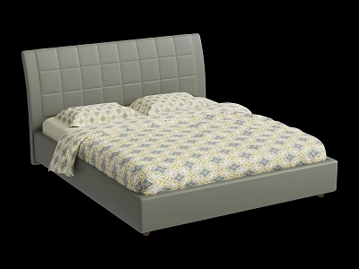 Modern Double Bed With Gray Tufted Headboard Patterned Bedspread And Pillows 3d model