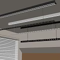 Modern Linear Pendant Lights Hanging From Ceiling With Window Blinds And Wooden Panels