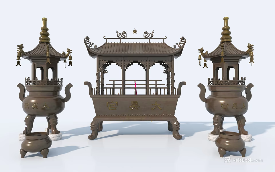 Traditional Chinese Style Decorative Ornament Set With Pagoda Shaped Incense Burners And Pavilion Design 3d model 
