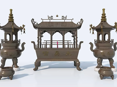 Traditional Chinese Style Decorative Ornament Set With Pagoda Shaped Incense Burners And Pavilion Design 3d model