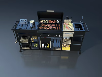 Swing Door Mobile Kitchen Island Featuring Grill Hamburgers Fruits Sink And Storage Shelves 3d model