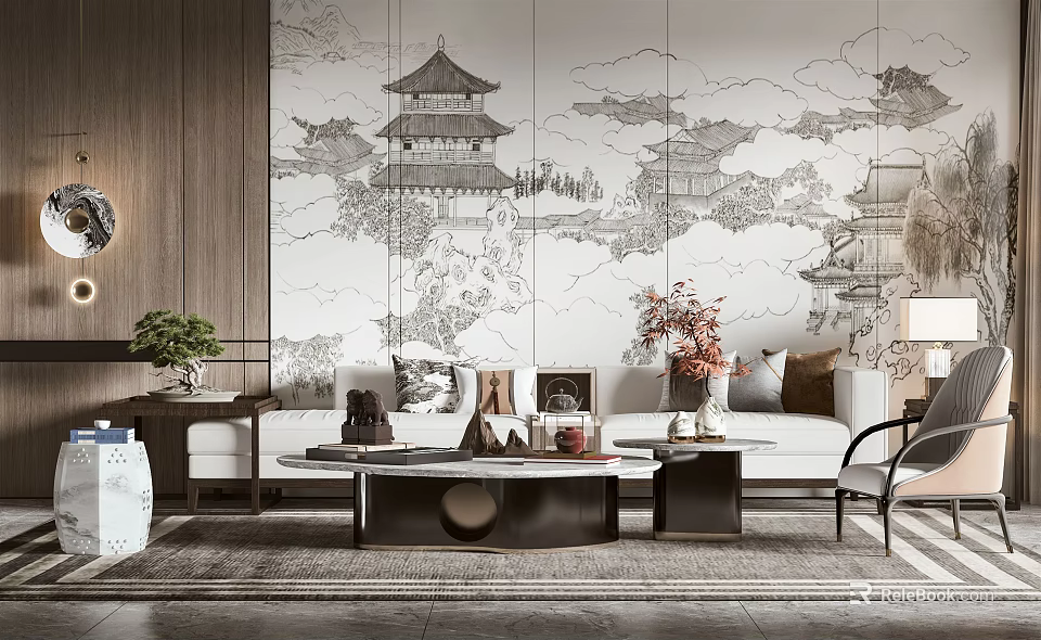 Modern Chinese Living Room Sofa And Coffee Table Set With Ink Painting Wall Decor 3d model 