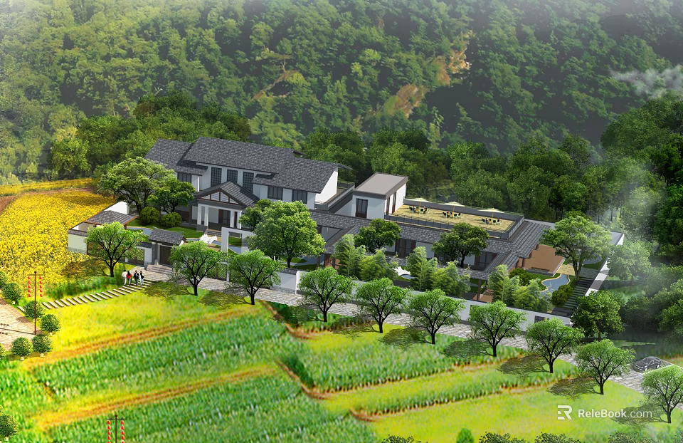 Rural Country Villa Surrounded by Green Fields Lush Trees and Scenic Landscape 3d model 