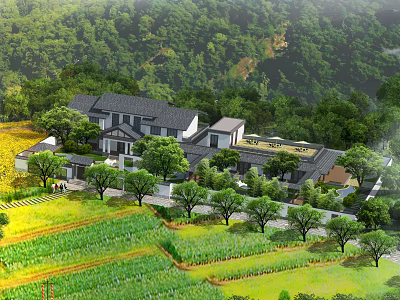 Rural Country Villa Surrounded by Green Fields Lush Trees and Scenic Landscape 3d model
