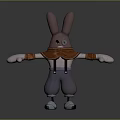 Playful Cartoon Rabbit Character with Large Ears Brown Scarf Gray Striped Overalls and Silver Shoes