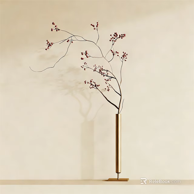 Tall Metallic Vase With Twigs And Red Berries For Modern Interior Decoration 3d model 