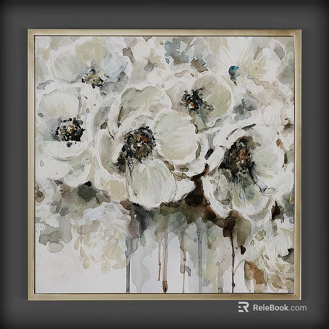 Artistic Picture Frame With Watercolor White Flowers Dark Centers And Dripping Paint 3d model 